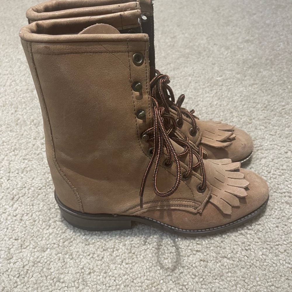 Fringe Lace-Up Tan Boots